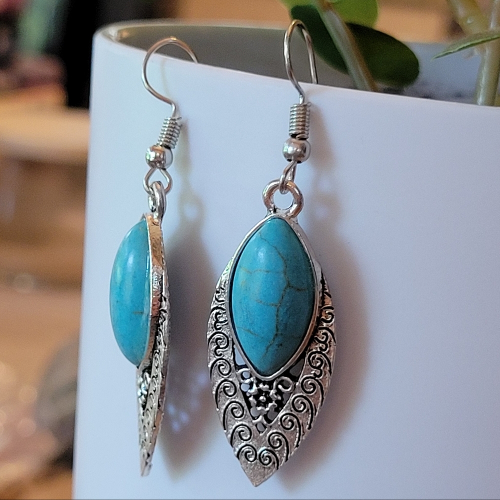 Etched Marquis Turquoise Howlite Dangle Earrings - Picture 3 of 4